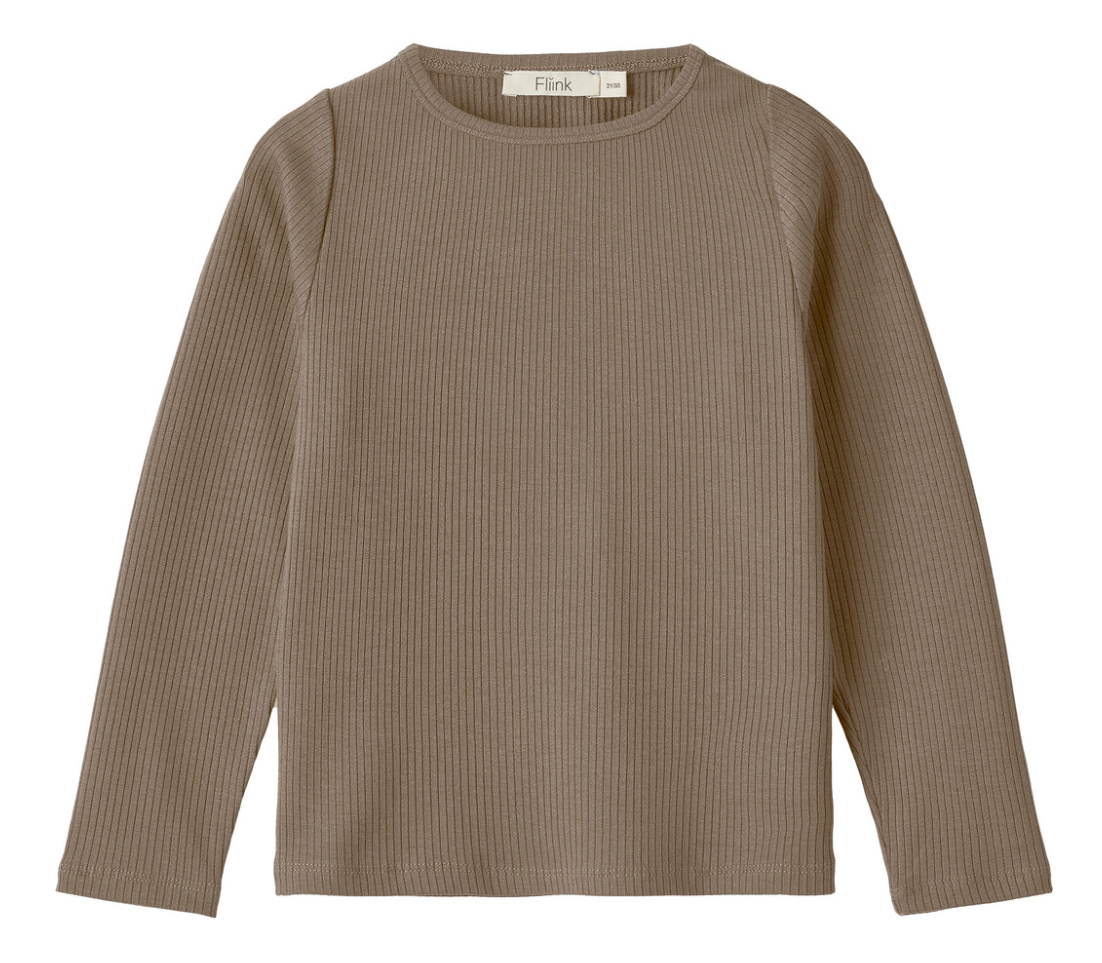 Brown ribbed long sleeve childen's top on a white background