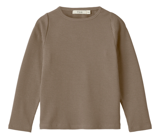 Brown ribbed long sleeve childen's top on a white background