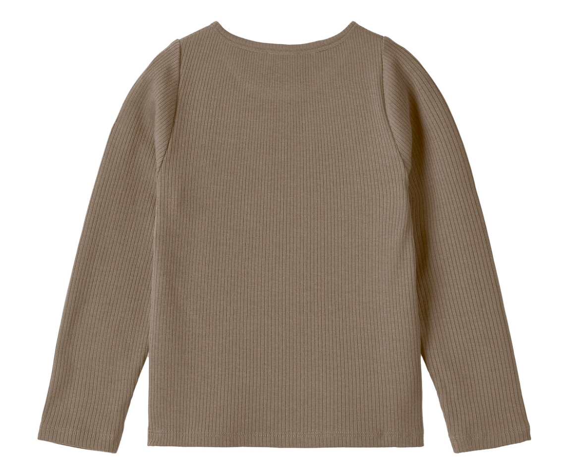 Back view of brown ribbed long sleeve childen's top on a white background