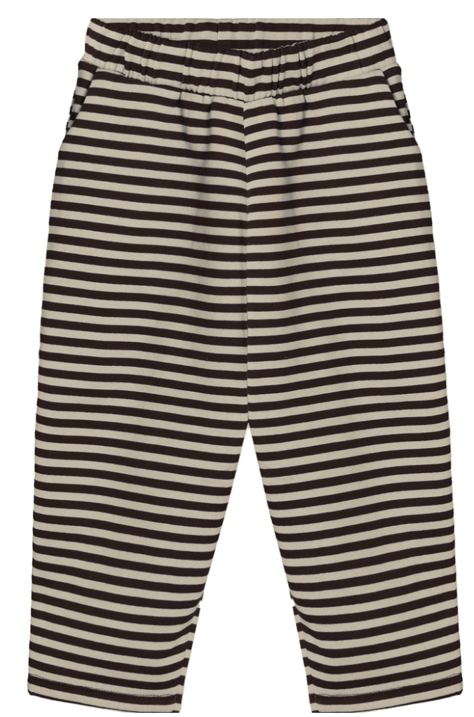 Brown and ivory striped pants with elastic waist on a white background