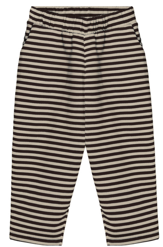 Brown and ivory striped pants with elastic waist on a white background