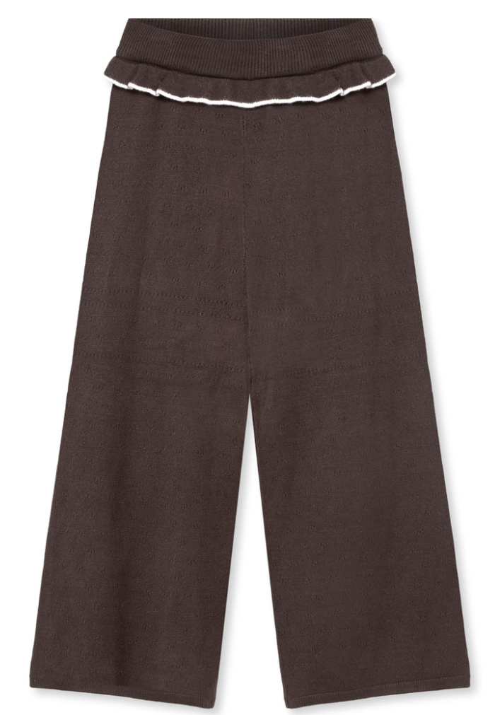 Brown knitted wide-leg trousers with ruffle detail at the waist
