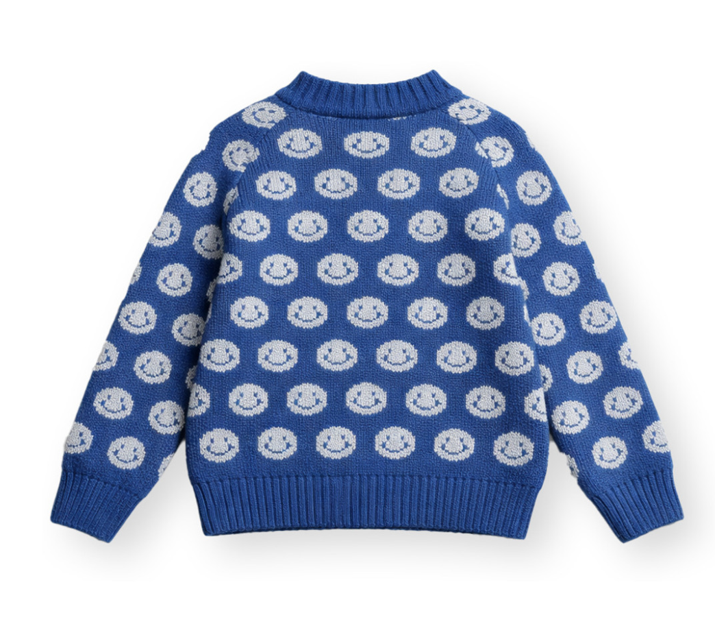 Back of blue smiley face crewneck sweater for children