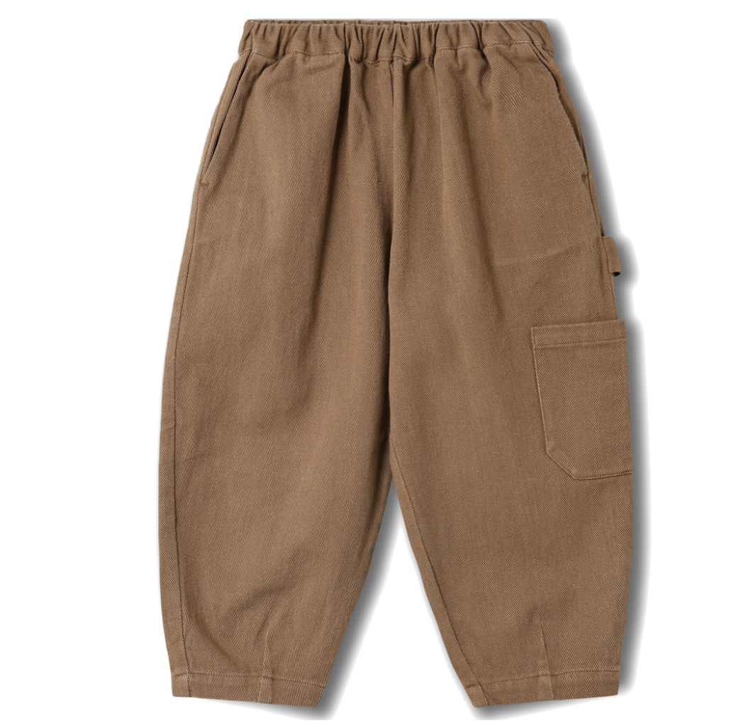 Tan colored children's cargo pants with elastic waist