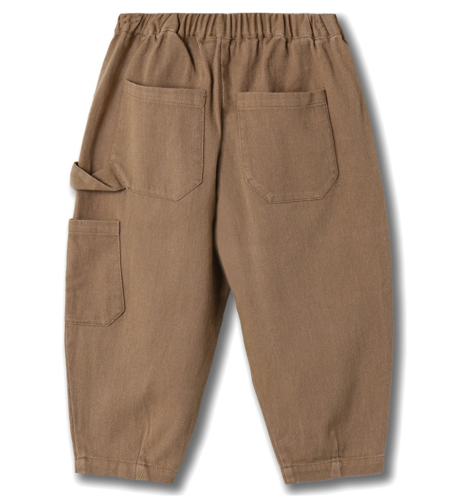 Back of tan colored children's cargo pants with elastic waist and three pockets