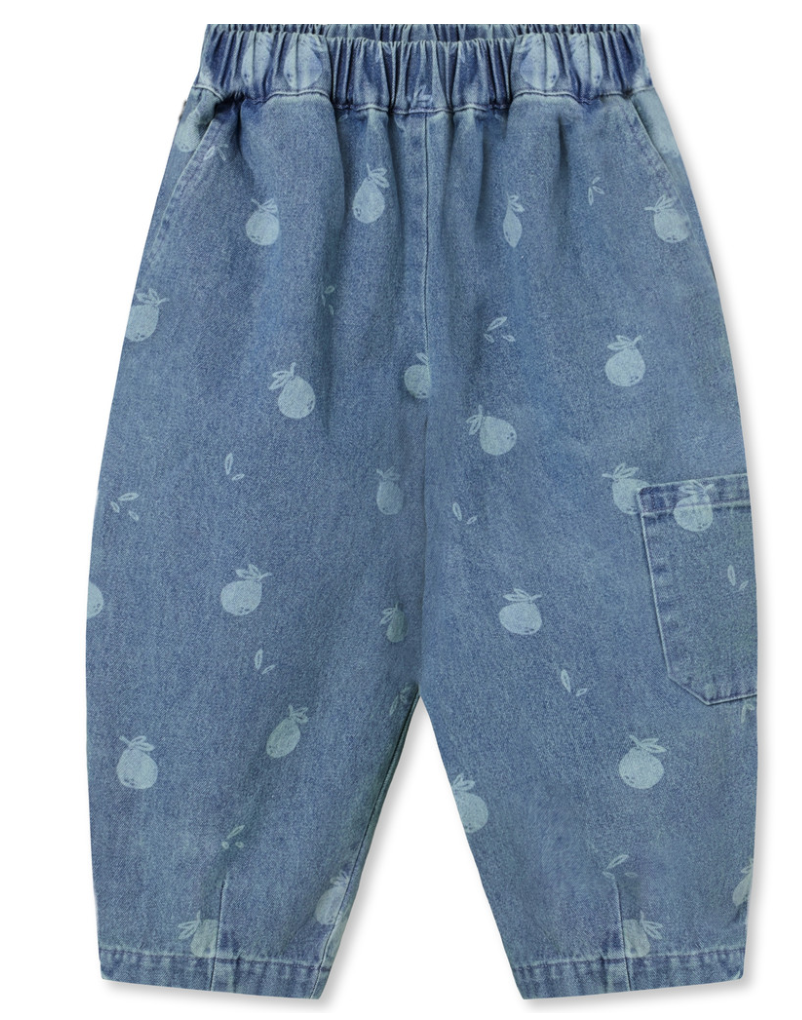 Children's elastic waist denim pants in medium blue denim with apple design