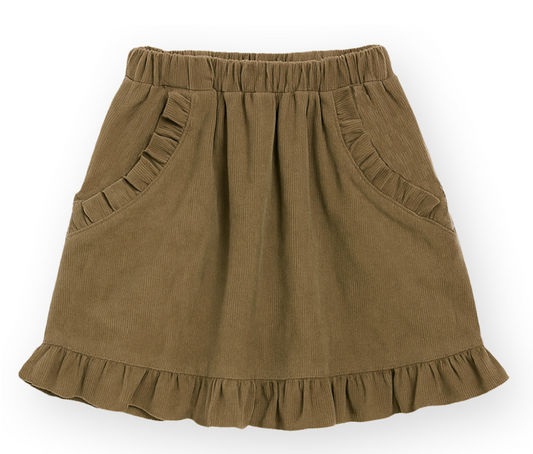 Child's corduroy skirt with ruffle hem and pockets in pine bark color