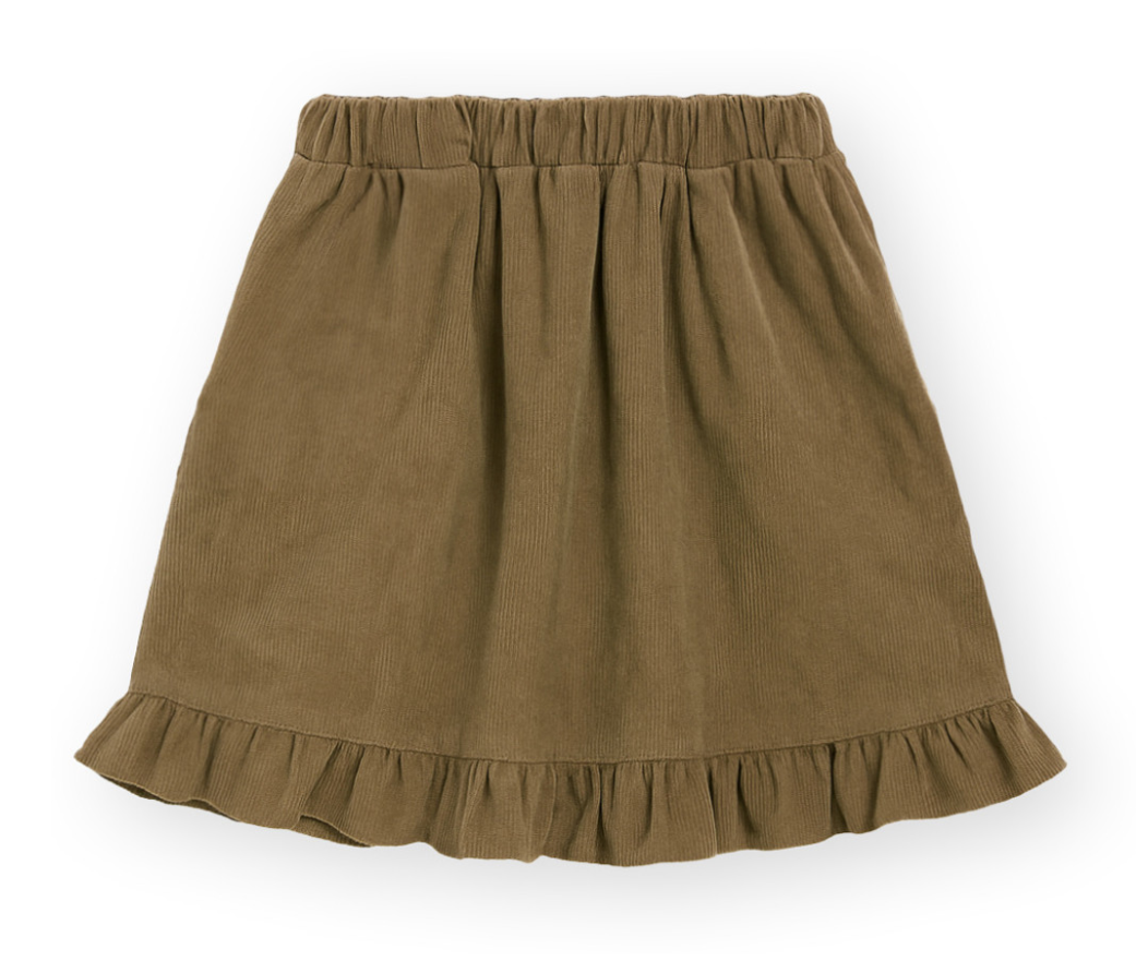 Back of child's corduroy skirt with ruffle hem and pockets in pine bark color