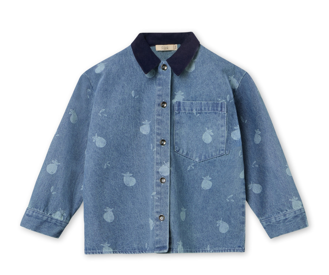 Denim shirt for children with buttons down the front, long sleeves, and a navy corduroy collar, printed with a pale blue apple design
