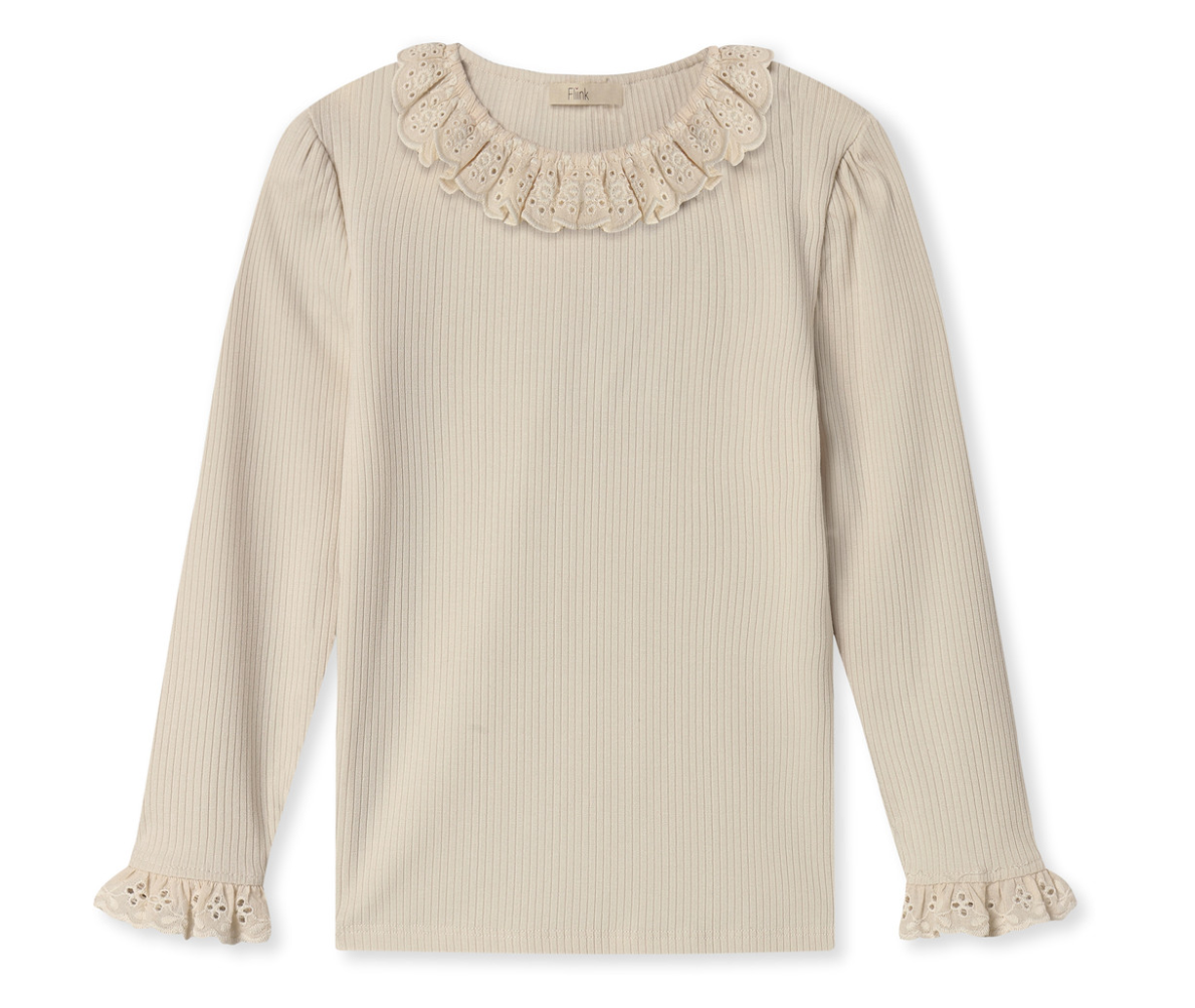 Ivory ribbed long sleeve top for children with lace ruffle collar and sleeves