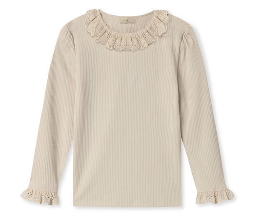 Ivory ribbed long sleeve top for children with lace ruffle collar and sleeves
