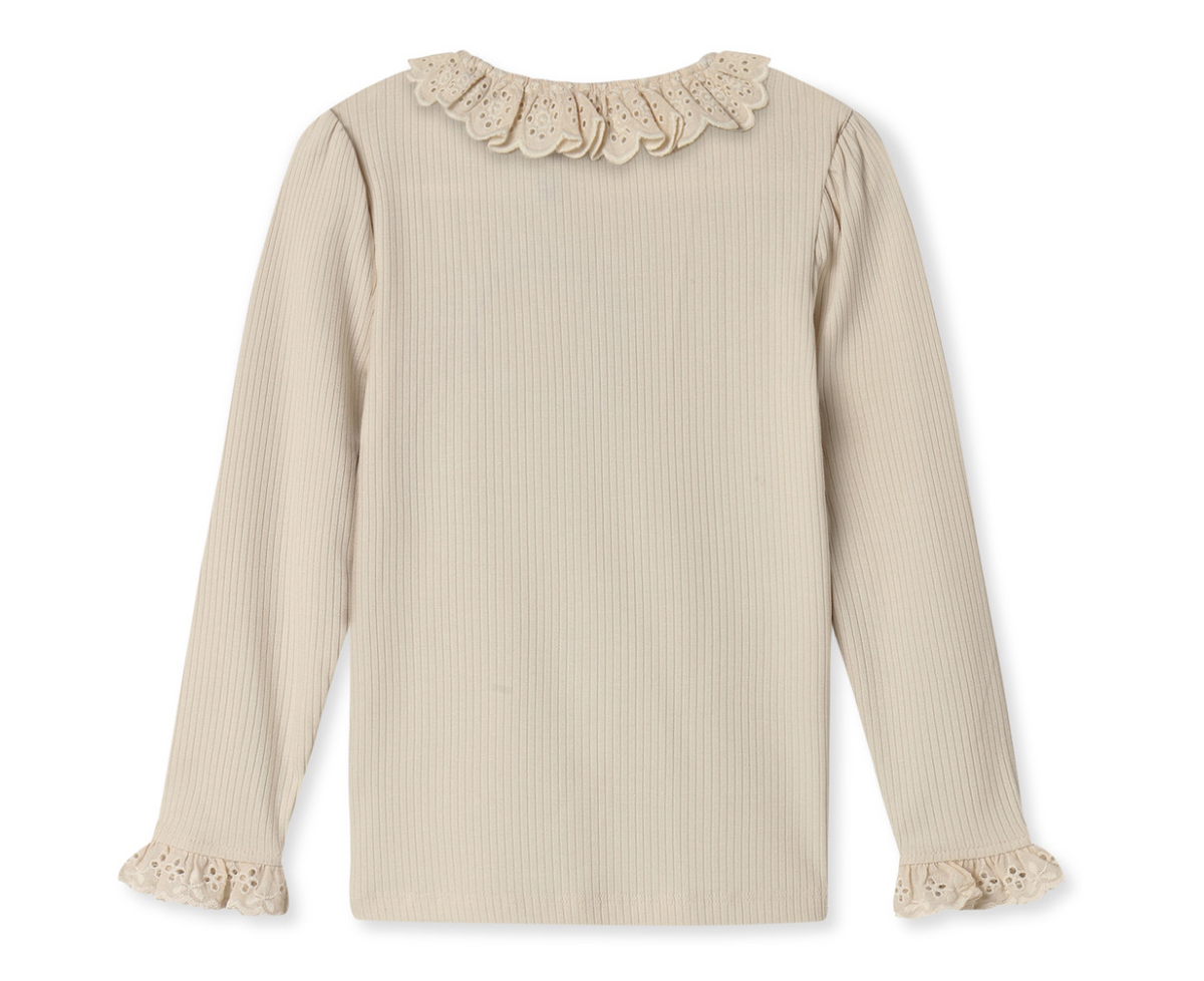 Back of Ivory ribbed long sleeve top for children with lace ruffle collar and sleeves
