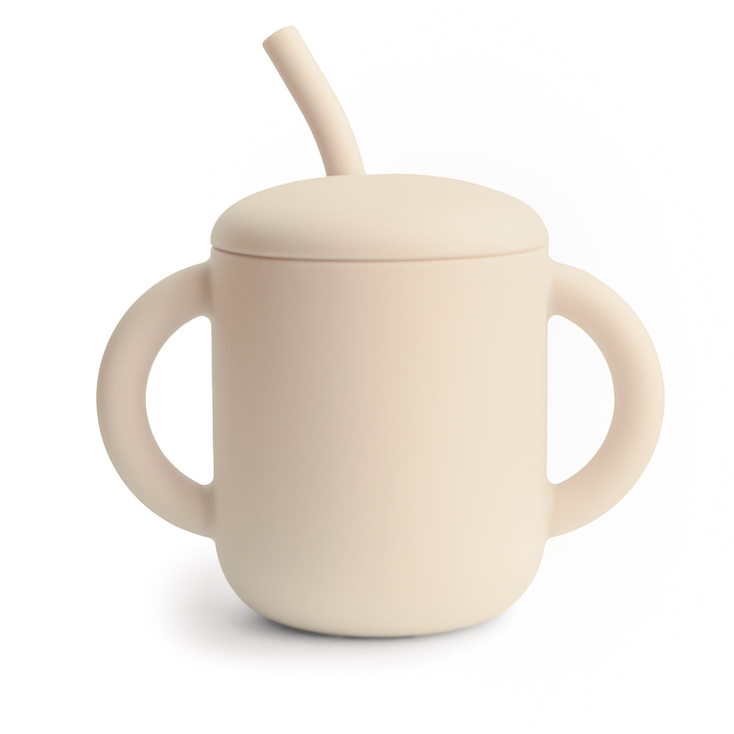 Beige sippy cup with a lid and straw on a white background