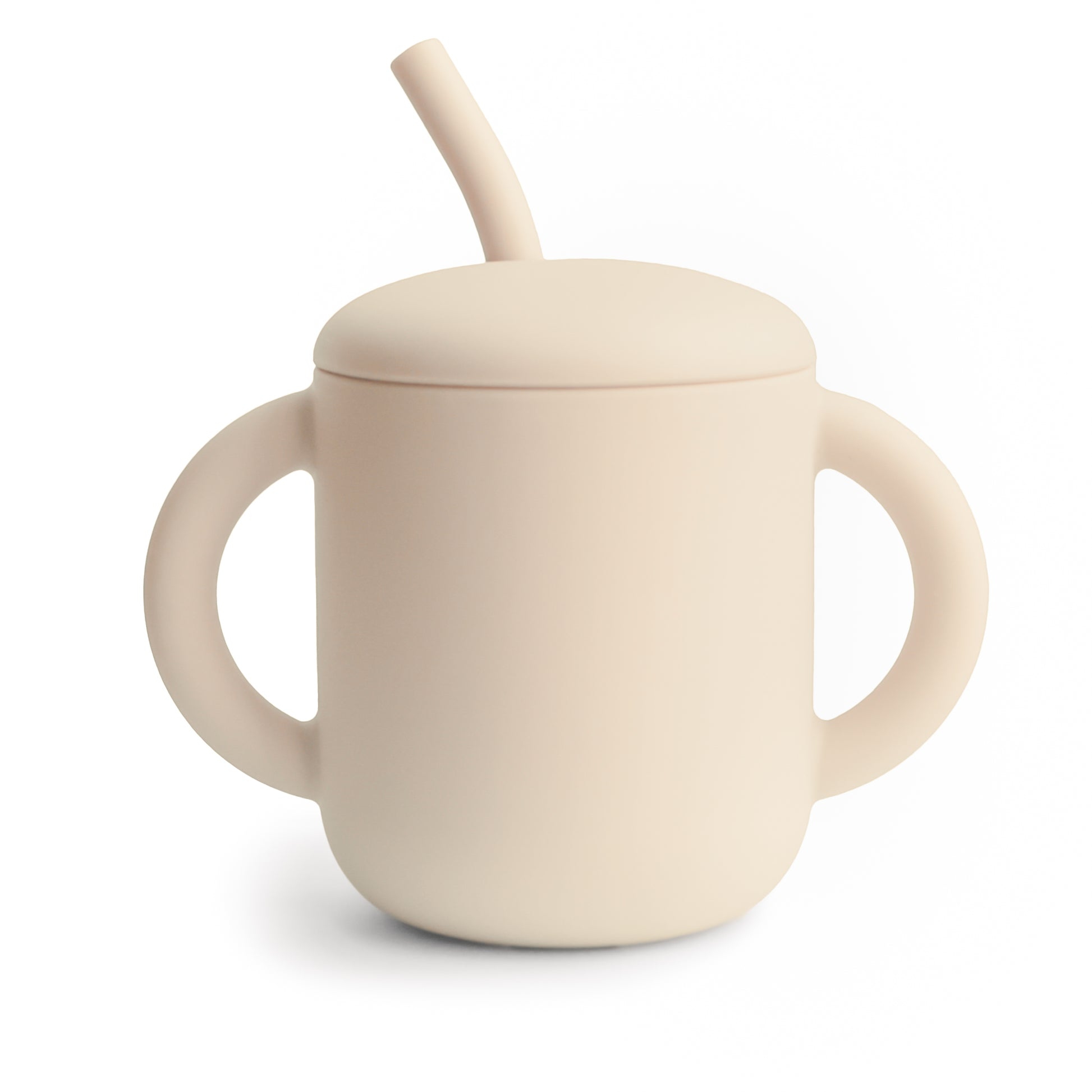 Beige sippy cup with a lid and straw on a white background
