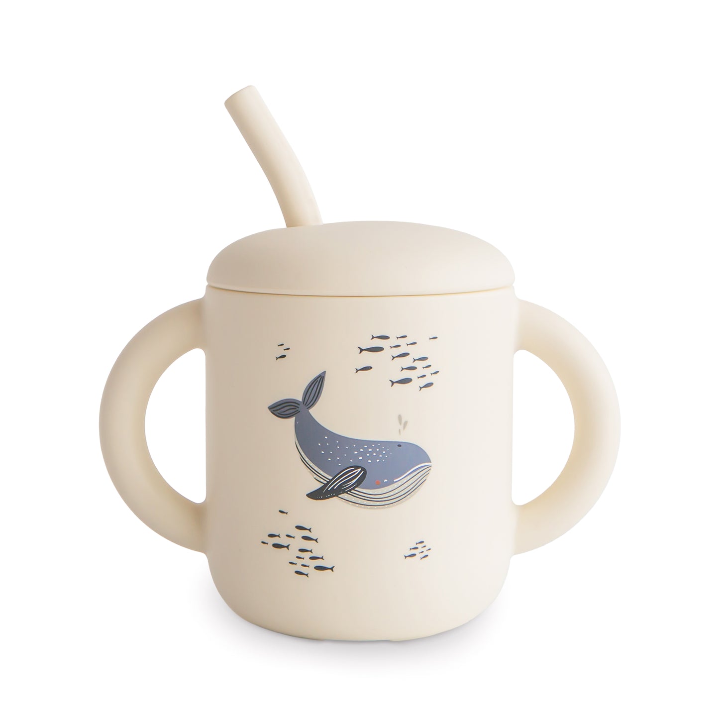 Children's sippy cup with whale design on a white background
