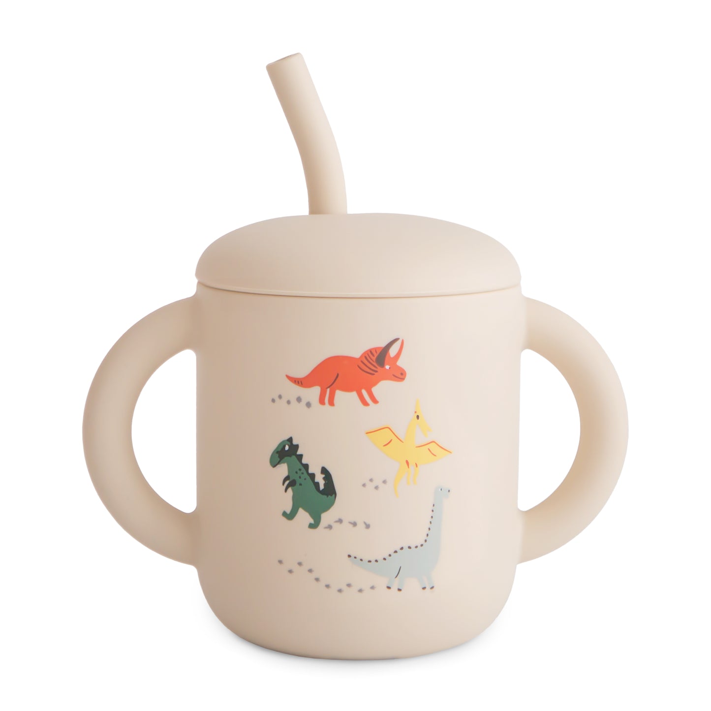 Beige sippy cup with dinosaur illustrations and a straw on a white background