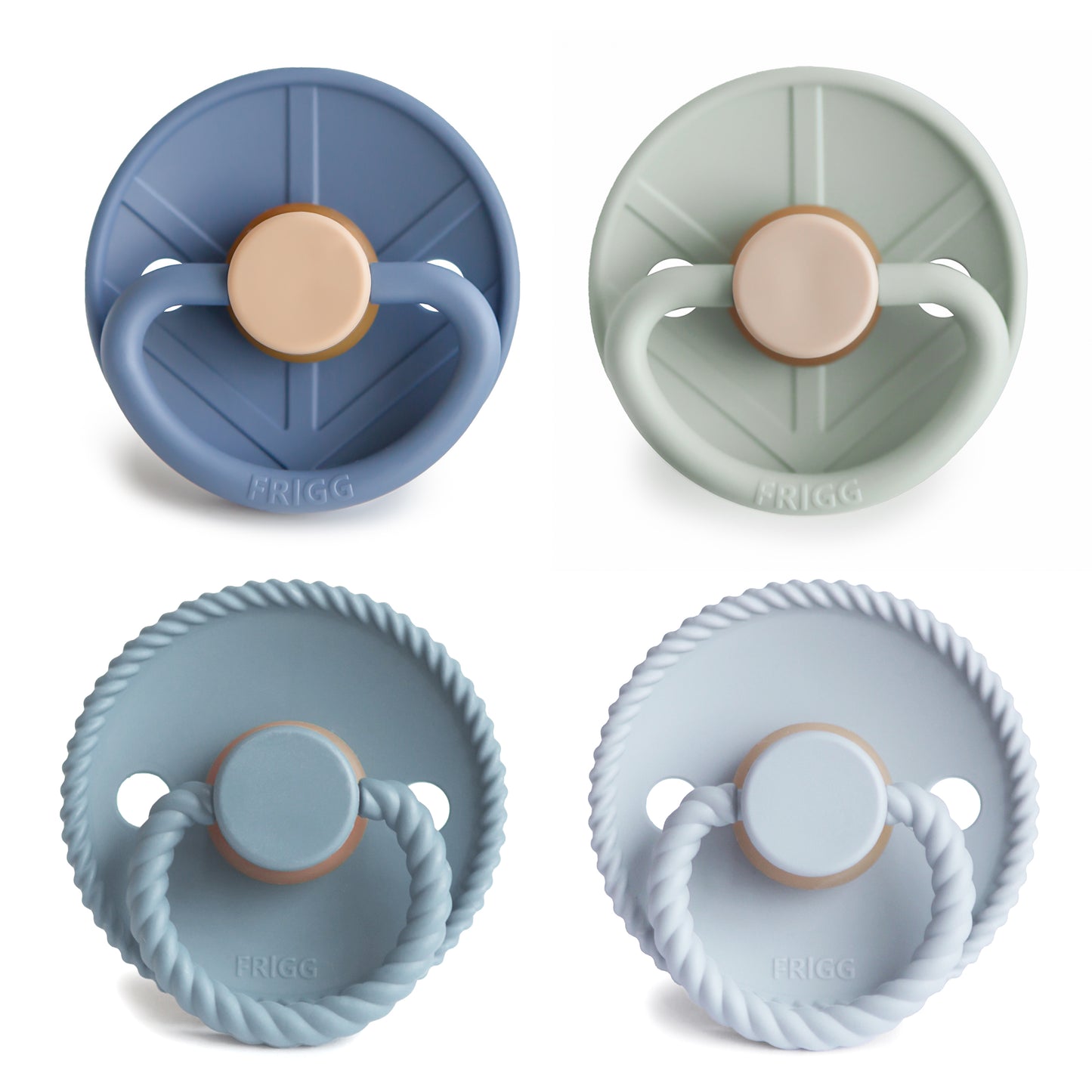 Four silicone pacifiers in different colors on a white background