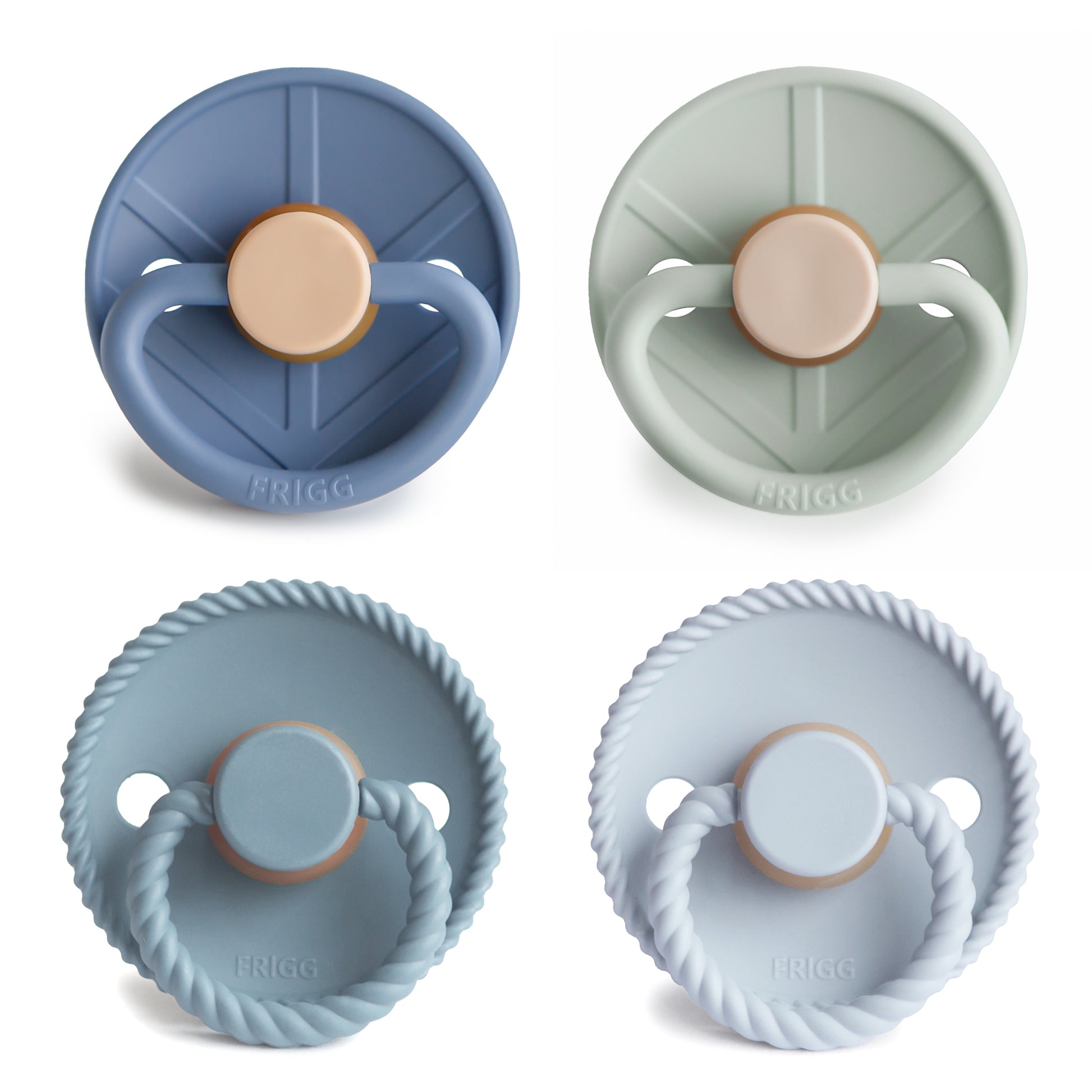 Four silicone pacifiers in different colors on a white background
