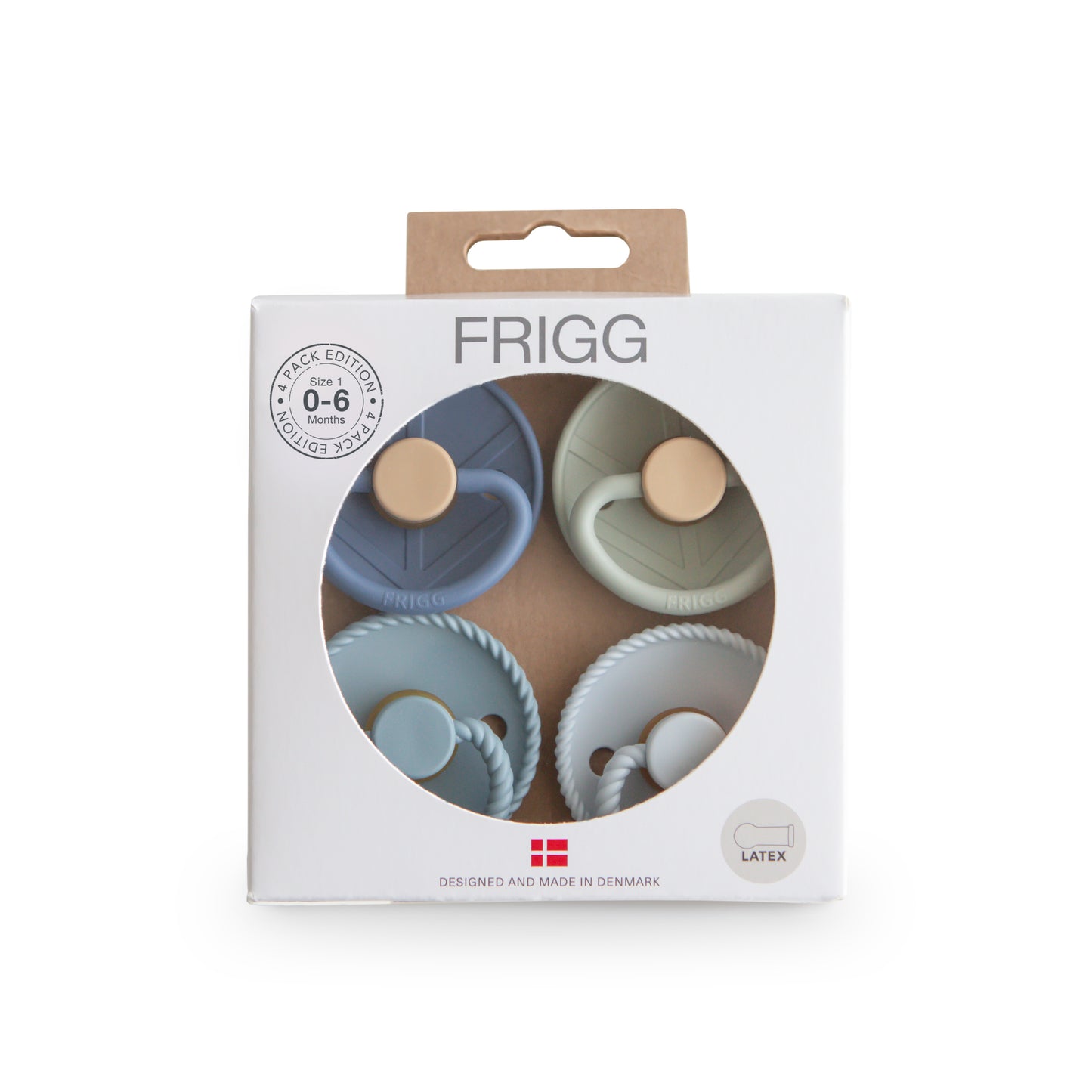 Packaged FRIGG baby teether set with four different designs on a white background