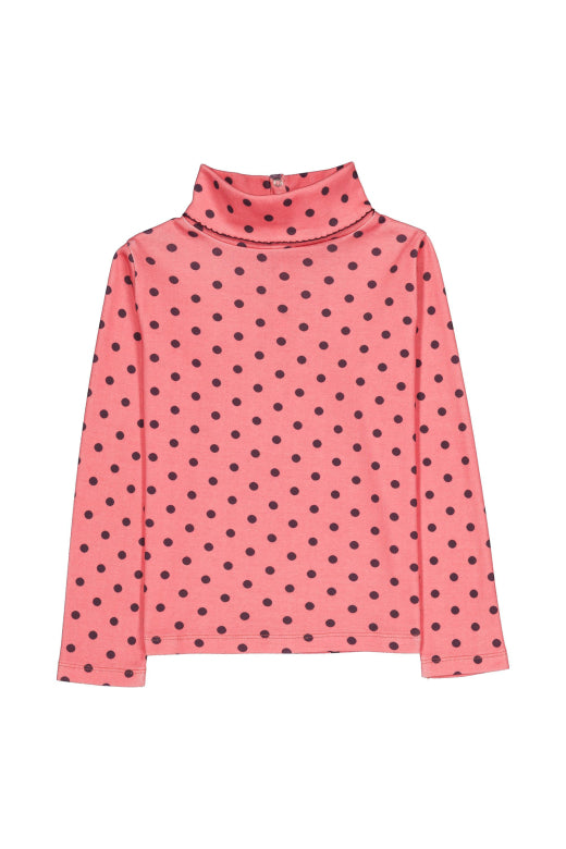 A pink long-sleeve turtleneck top with a black polka dot pattern, displayed flat against a solid white background.