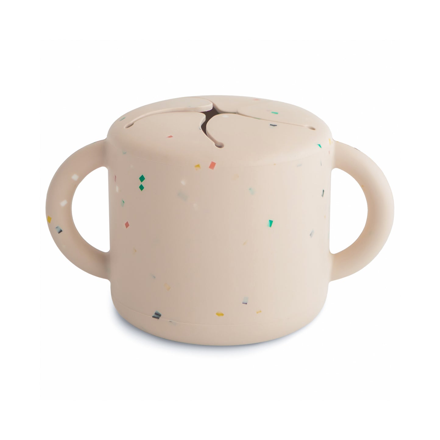 Beige handled snack cup with colorful speckles on a white background