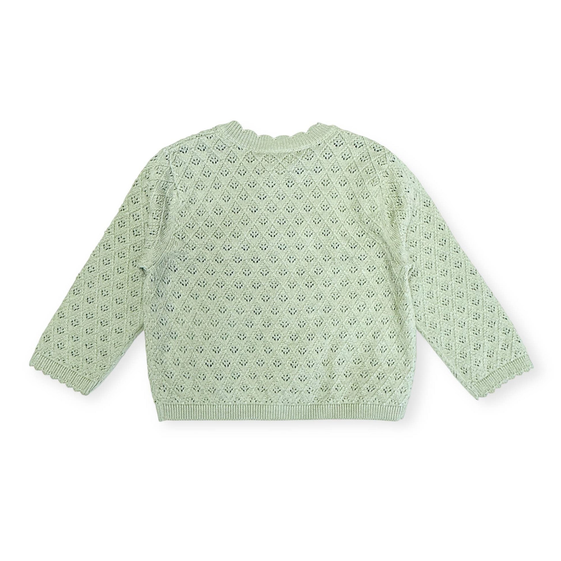 Back of light green knitted cardigan on a white background