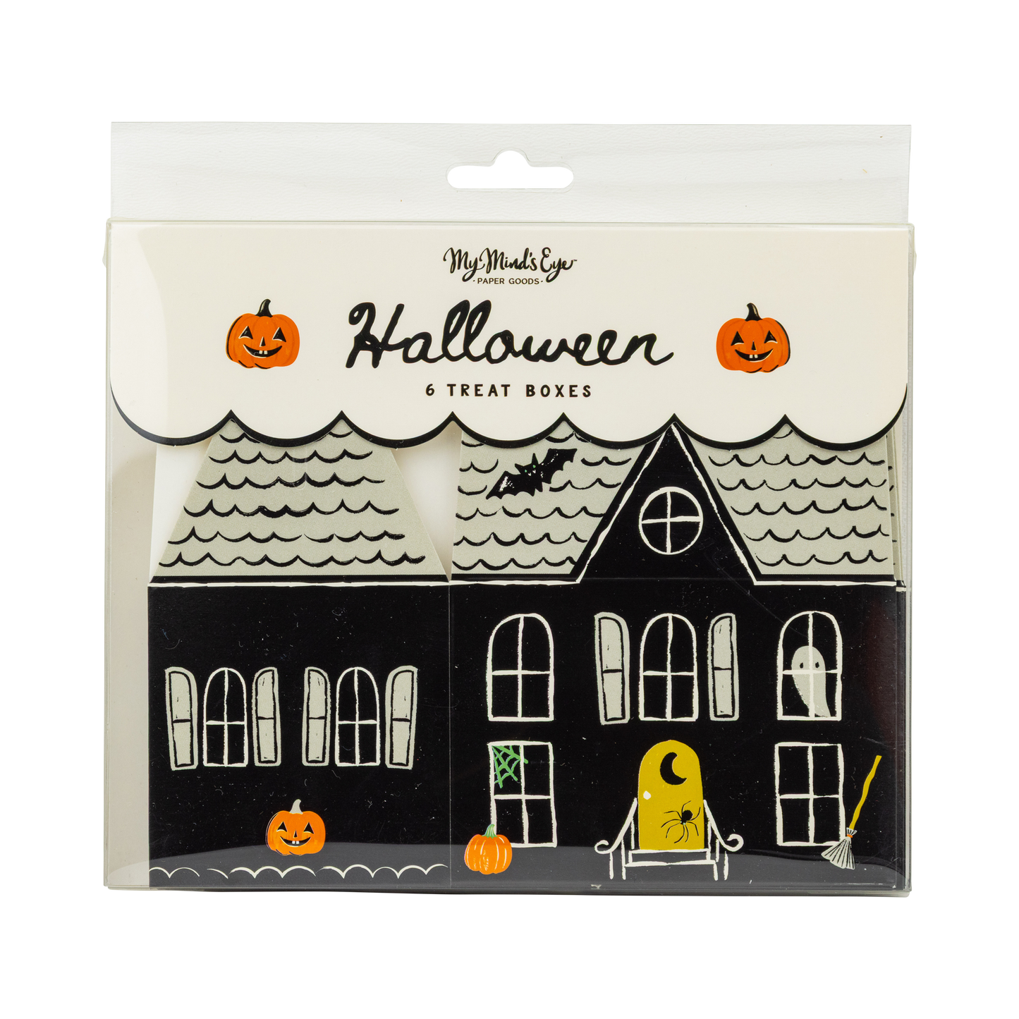Packaging of Halloween treat boxes with a haunted house design and pumpkins.