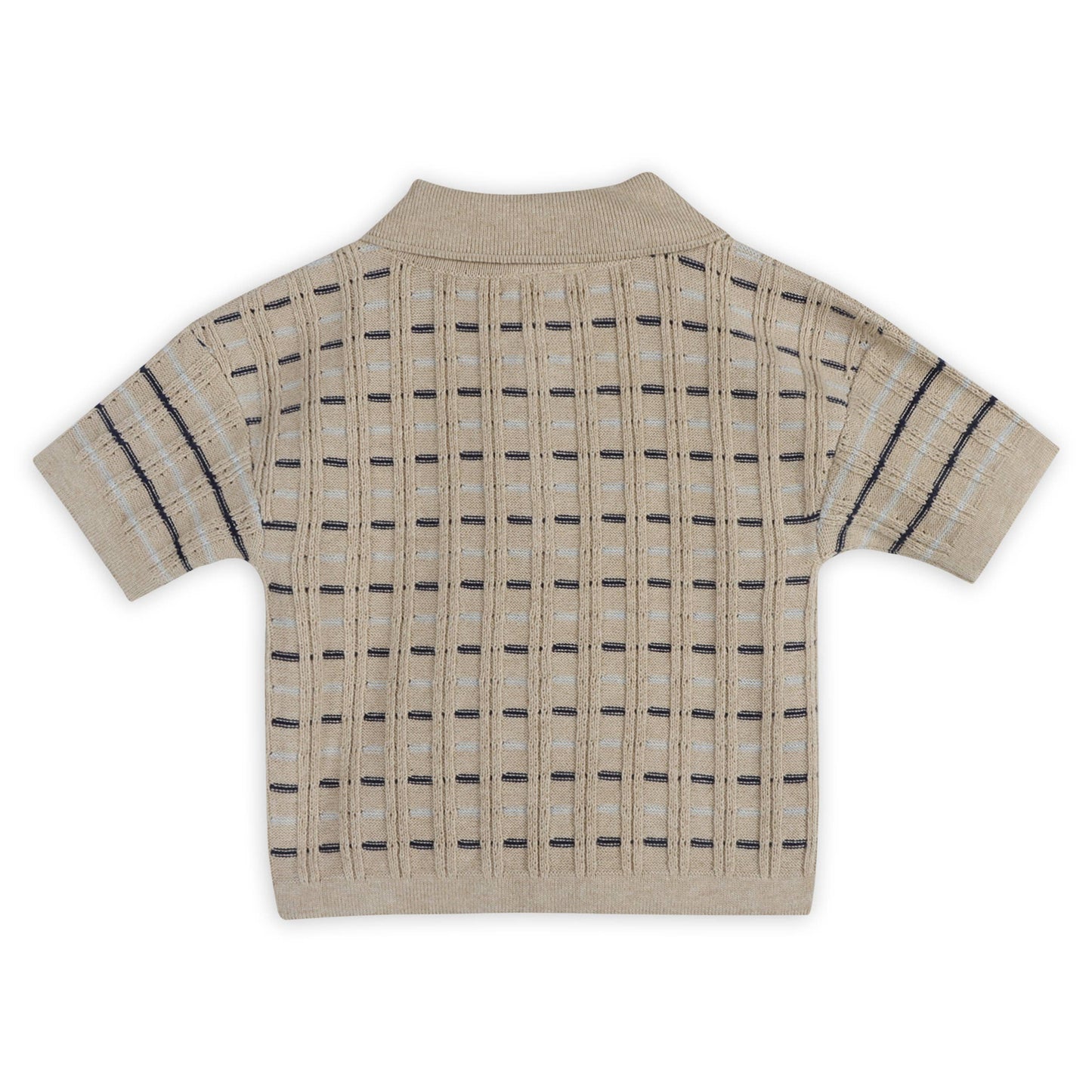 Beige short-sleeve shirt with black pattern on a white background