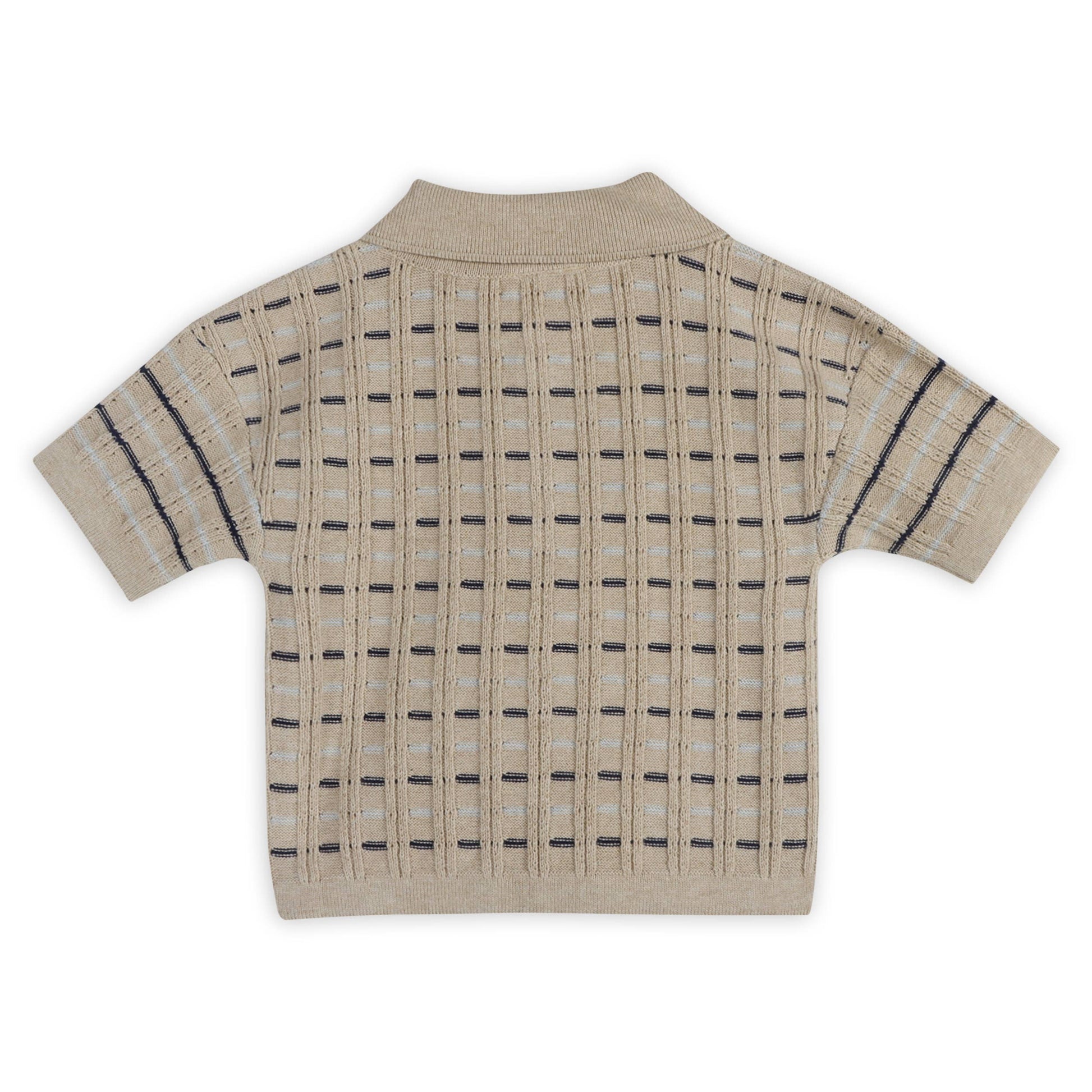 Beige short-sleeve shirt with black pattern on a white background