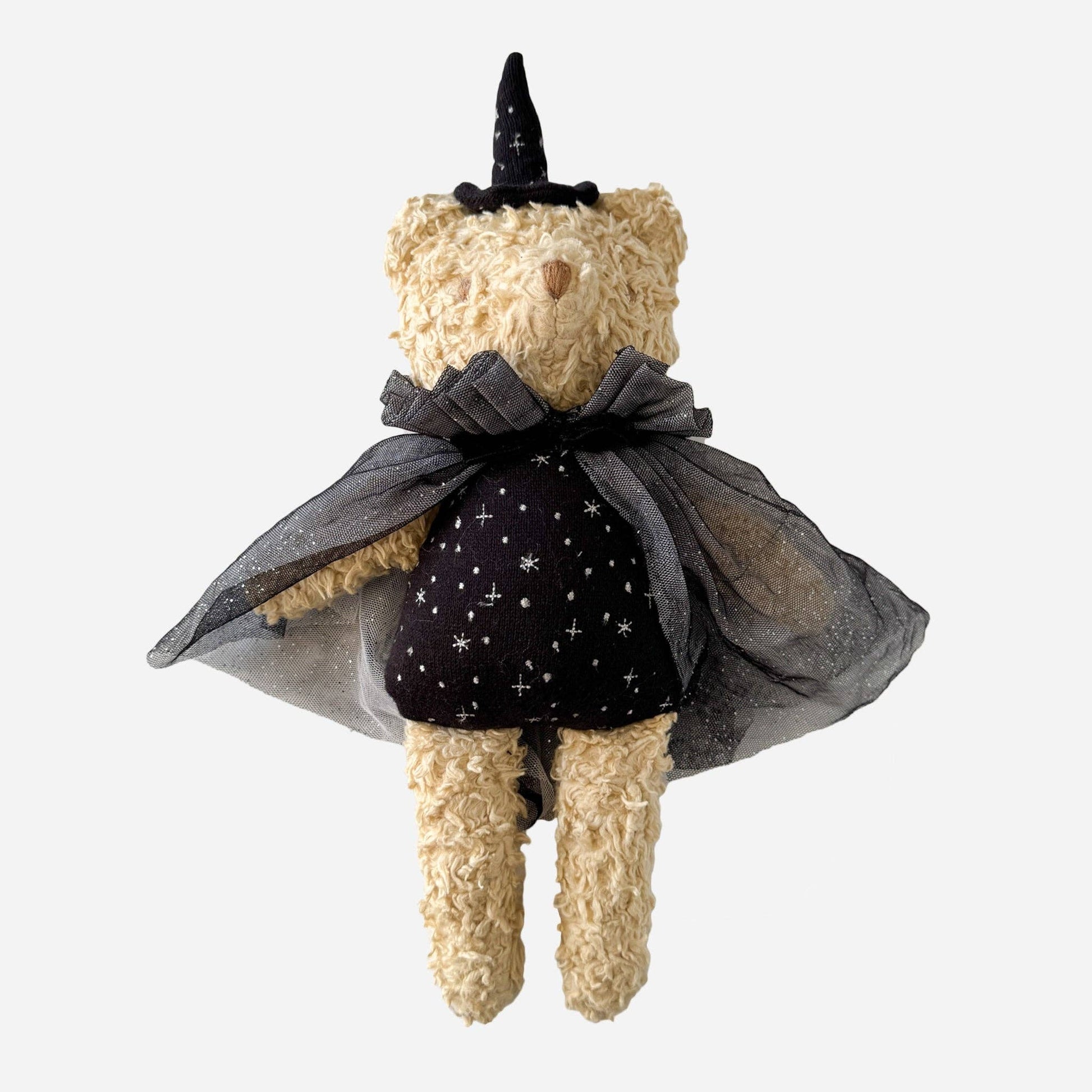Teddy bear dressed as a witch with a black hat, black dress with white patterns, and gray cape on a white background.