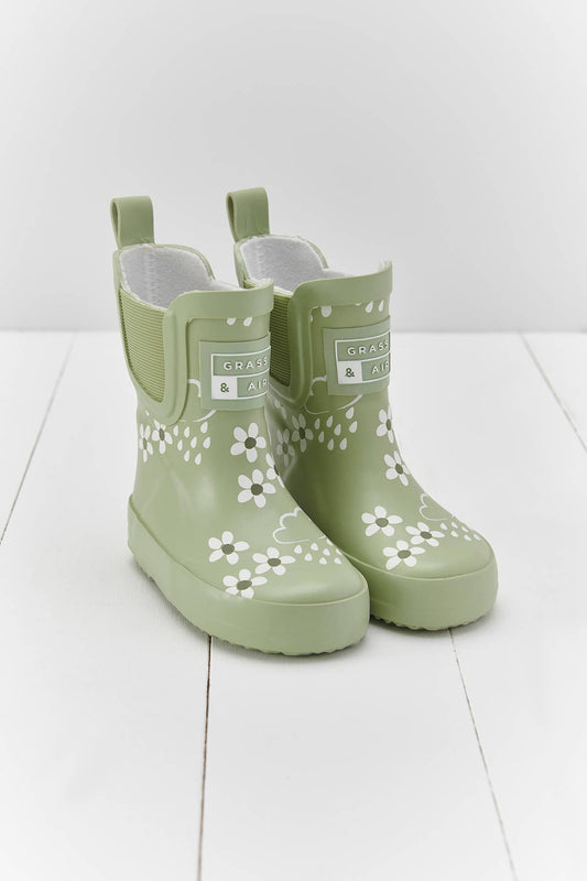 Spring Green Floral Short Colour-Changing Kids Wellies