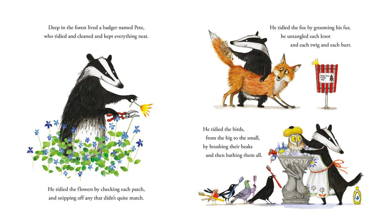 Illustrated book page with badger and fox characters grooming birds and flowers.