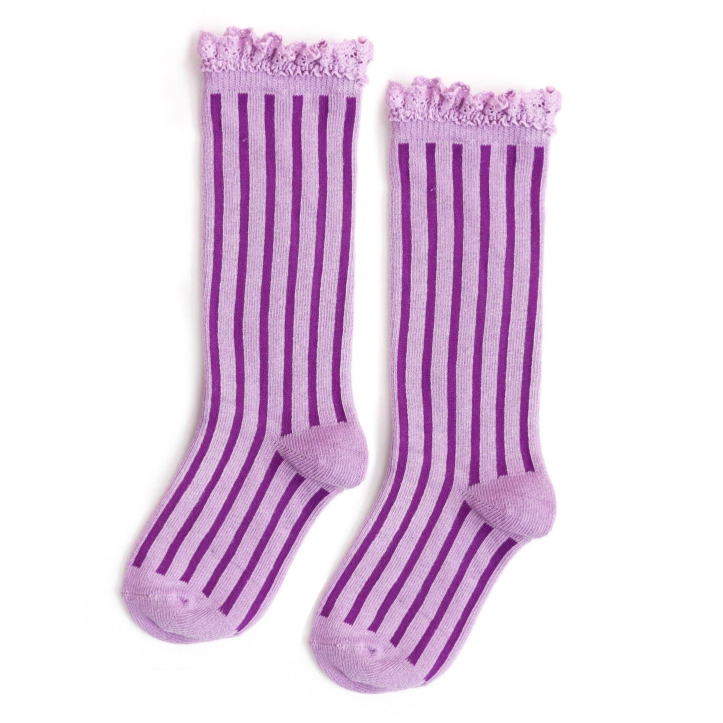 Pair of purple striped socks with lace trim on a white background