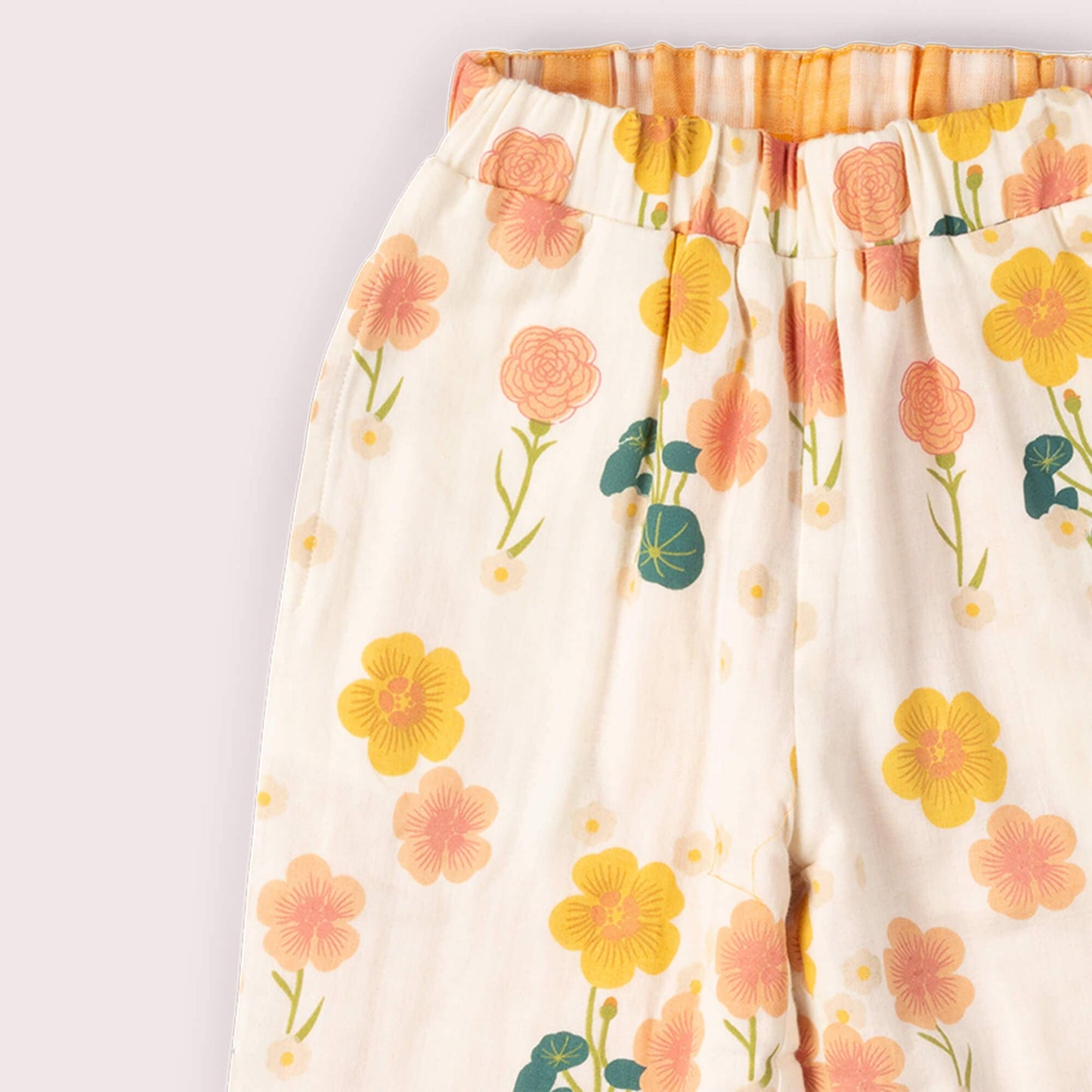 Floral-patterned pants with a white background