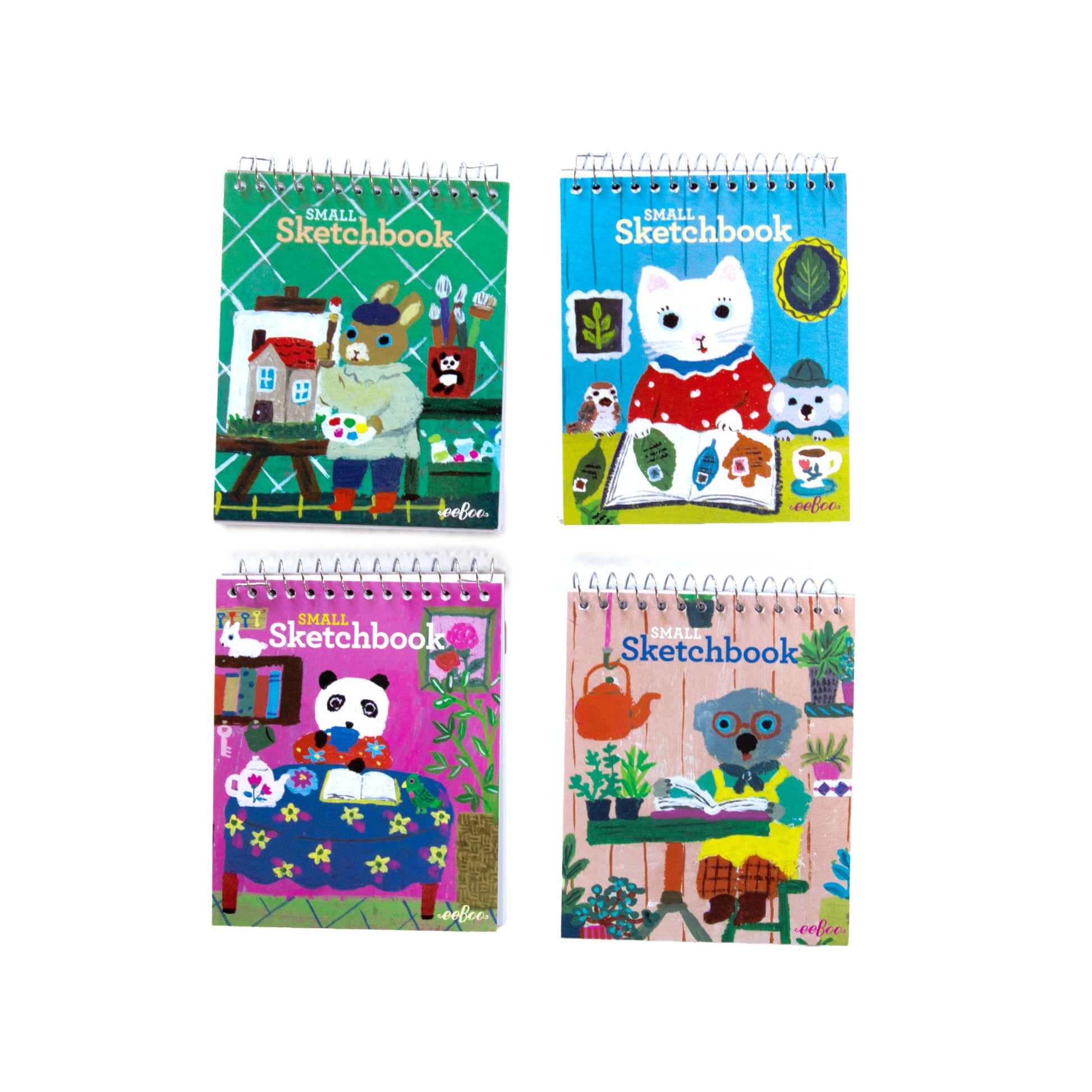 Four small sketchbooks with colorful illustrations on a white background