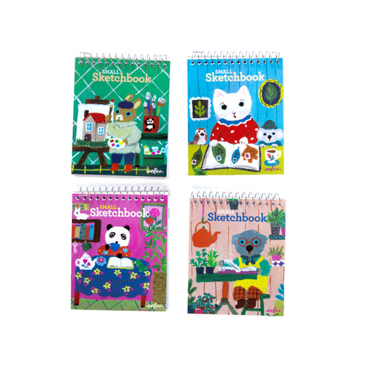 Four small sketchbooks with colorful illustrations on a white background