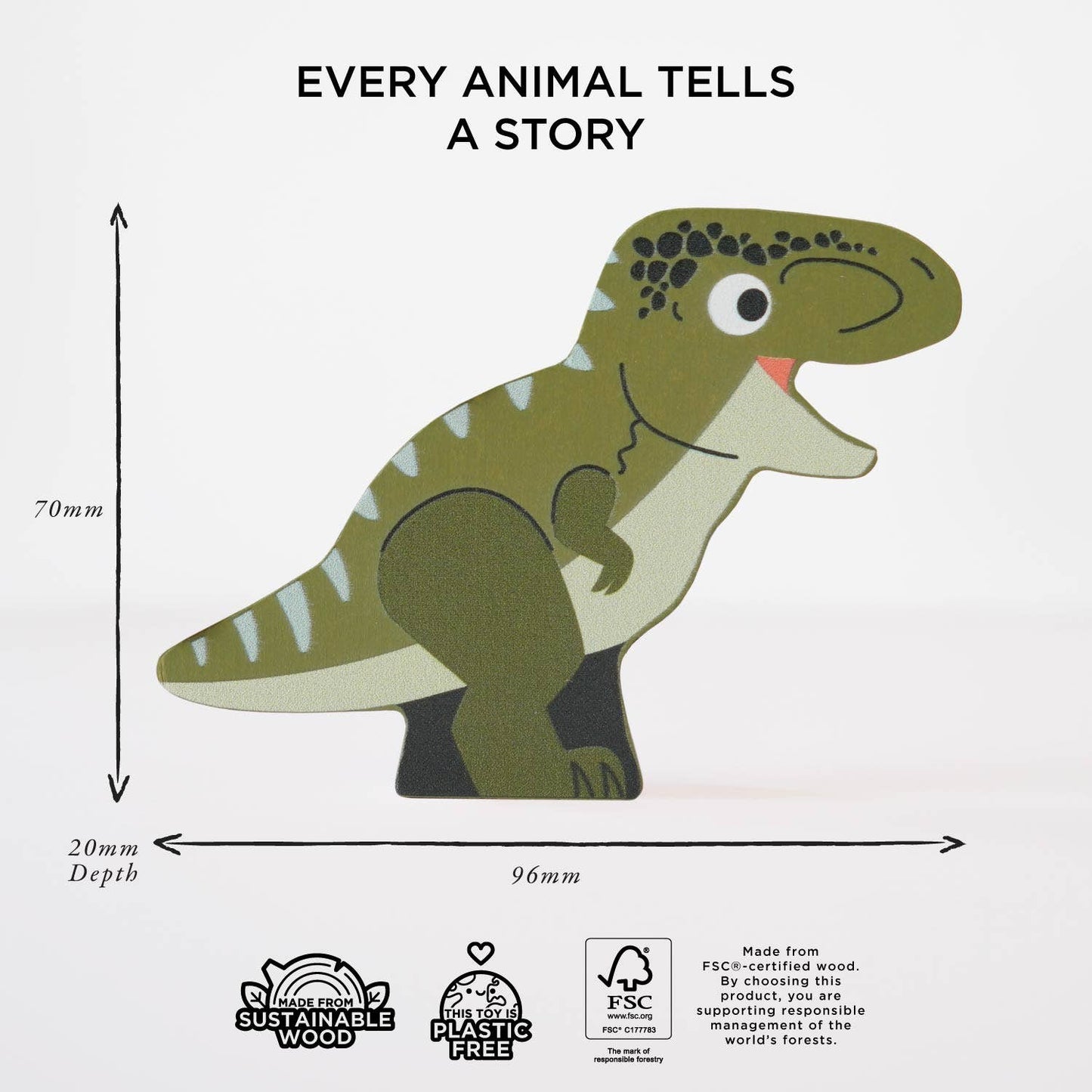Dinosaur-shaped wooden cutout toy with dimensions and sustainability information on a white background