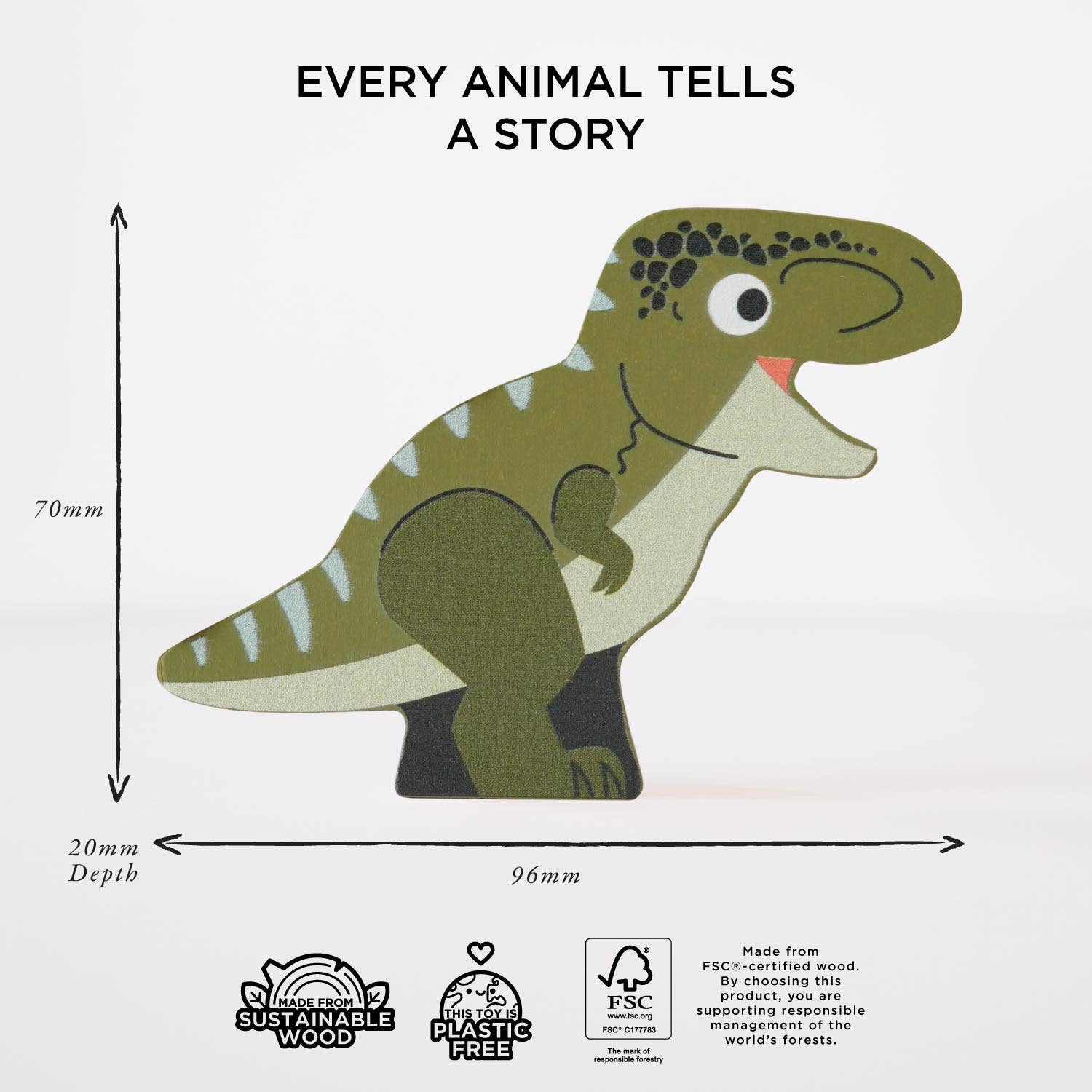 Dinosaur-shaped wooden cutout toy with dimensions and sustainability information on a white background