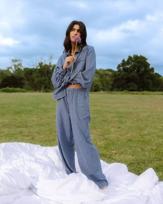 Organic Cotton Gingham Check Long Pyjama Set - Blue