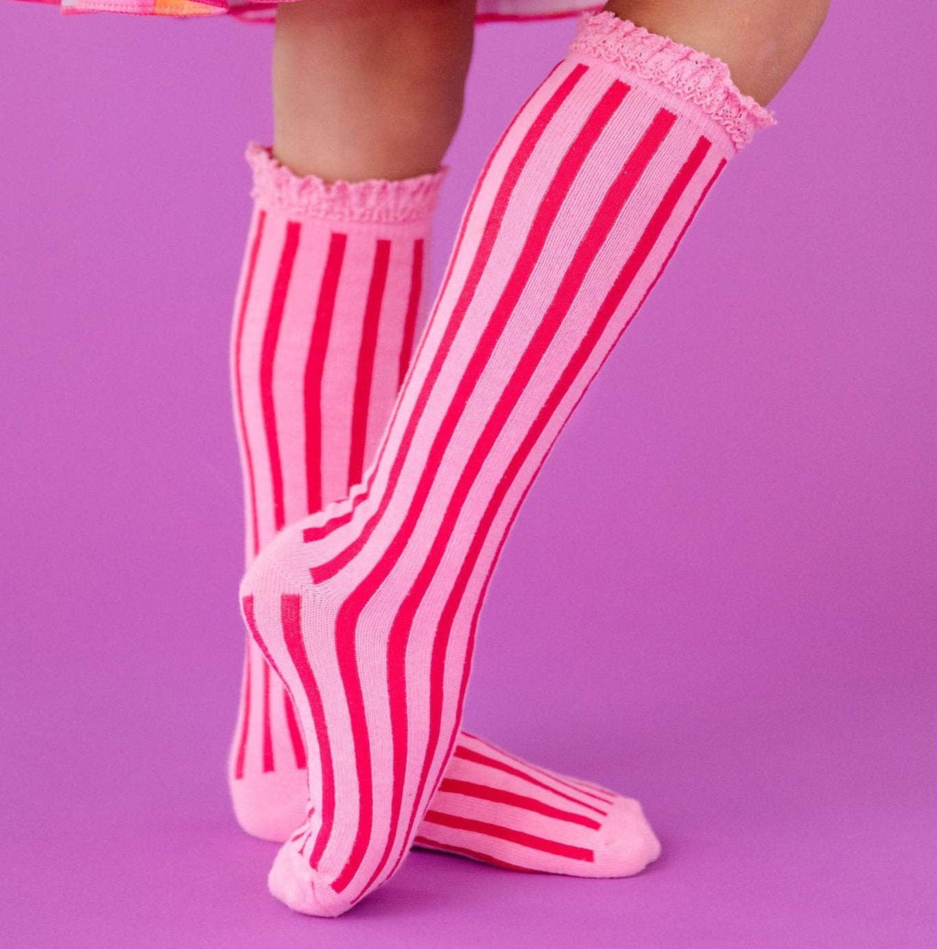 Vertical Striped Lace Top Knee High Socks - Taffy Pink