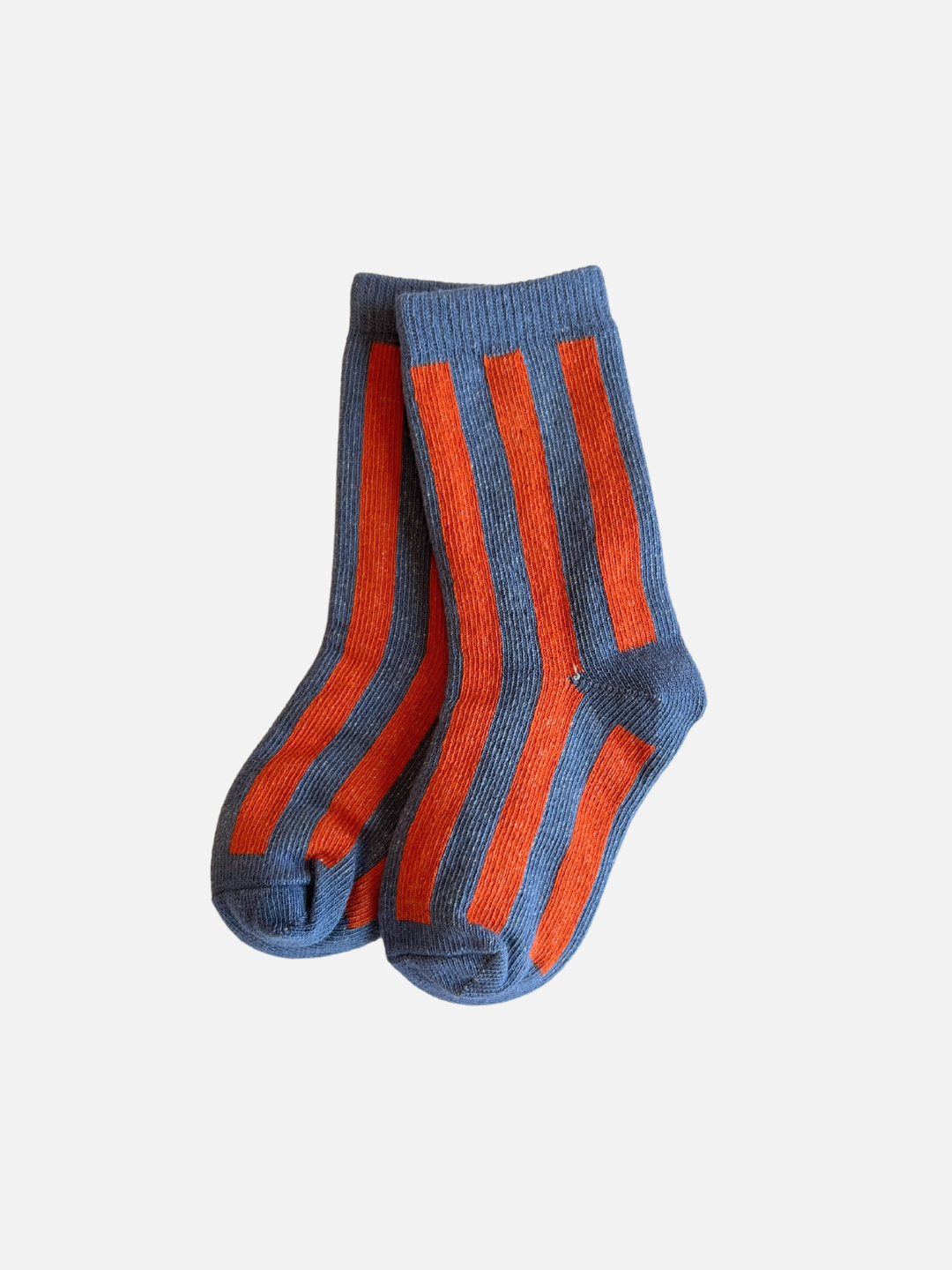 Pair of blue and orange striped socks on a white background