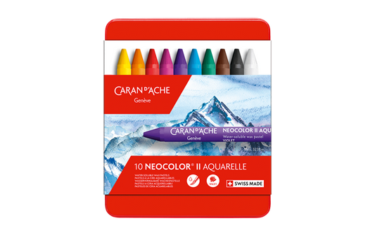 Caran d'Ache Neocolor II Aquarelle pastel set in red tin with mountain and water design