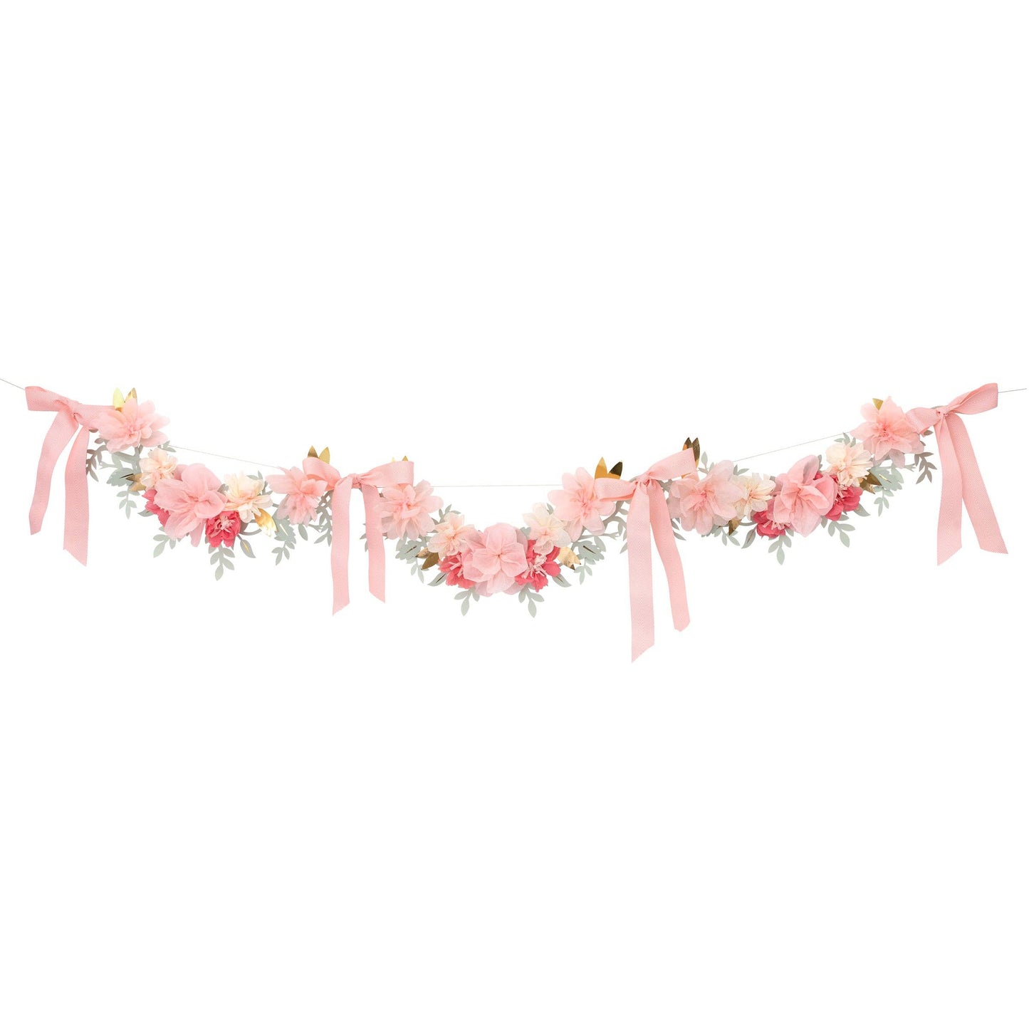 Floral garland with pink ribbons on a white background