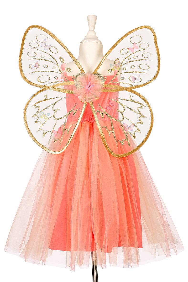 Butterfly costume with pink dress and gold wings on a mannequin against a white background