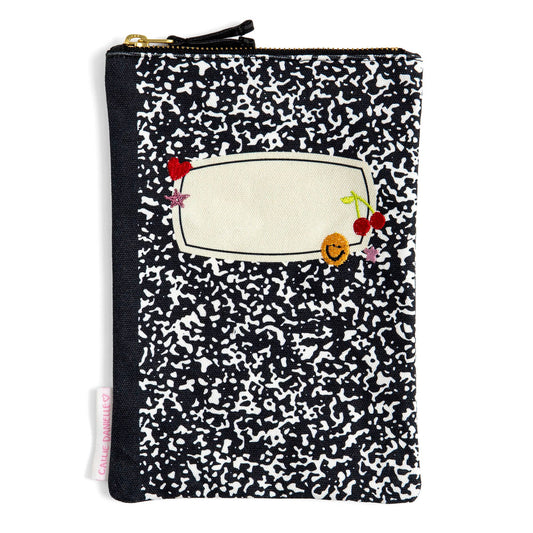 Pencil pouch with zipper, styled after a traditional black and white composition notebook