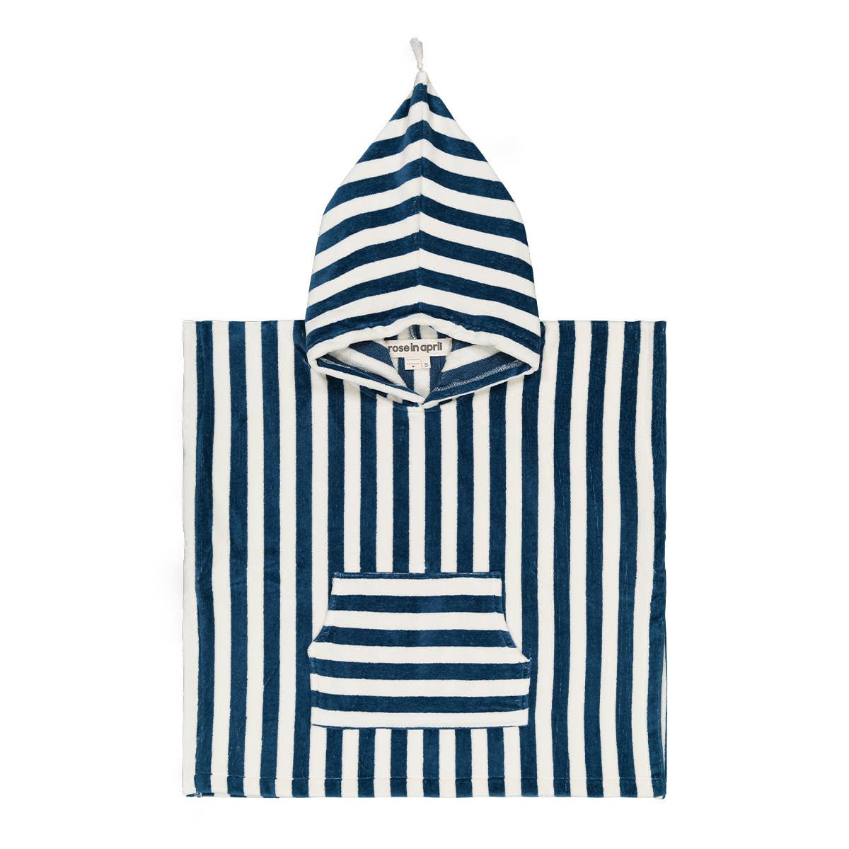 Navy and white striped hooded towel on a white background