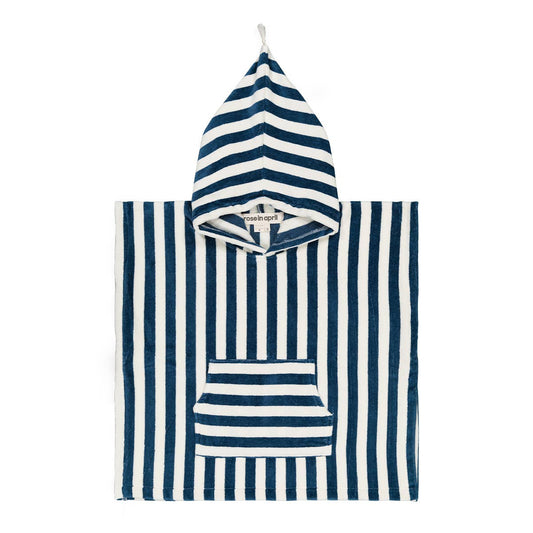 Navy and white striped hooded towel on a white background