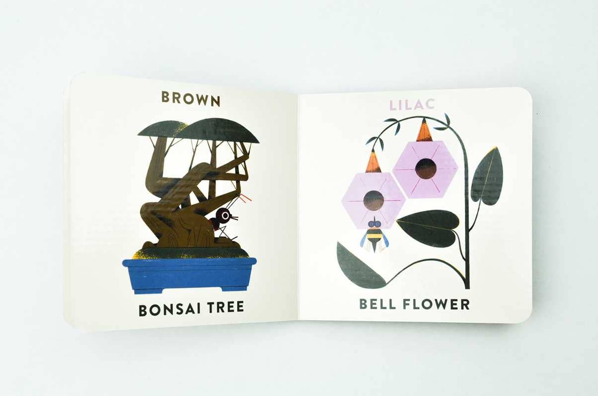 Open book showing illustrations of a bonsai tree and bell flower with labels on a white background. "Brown, Bonsai Tree", "Lilac, Bell Flower"