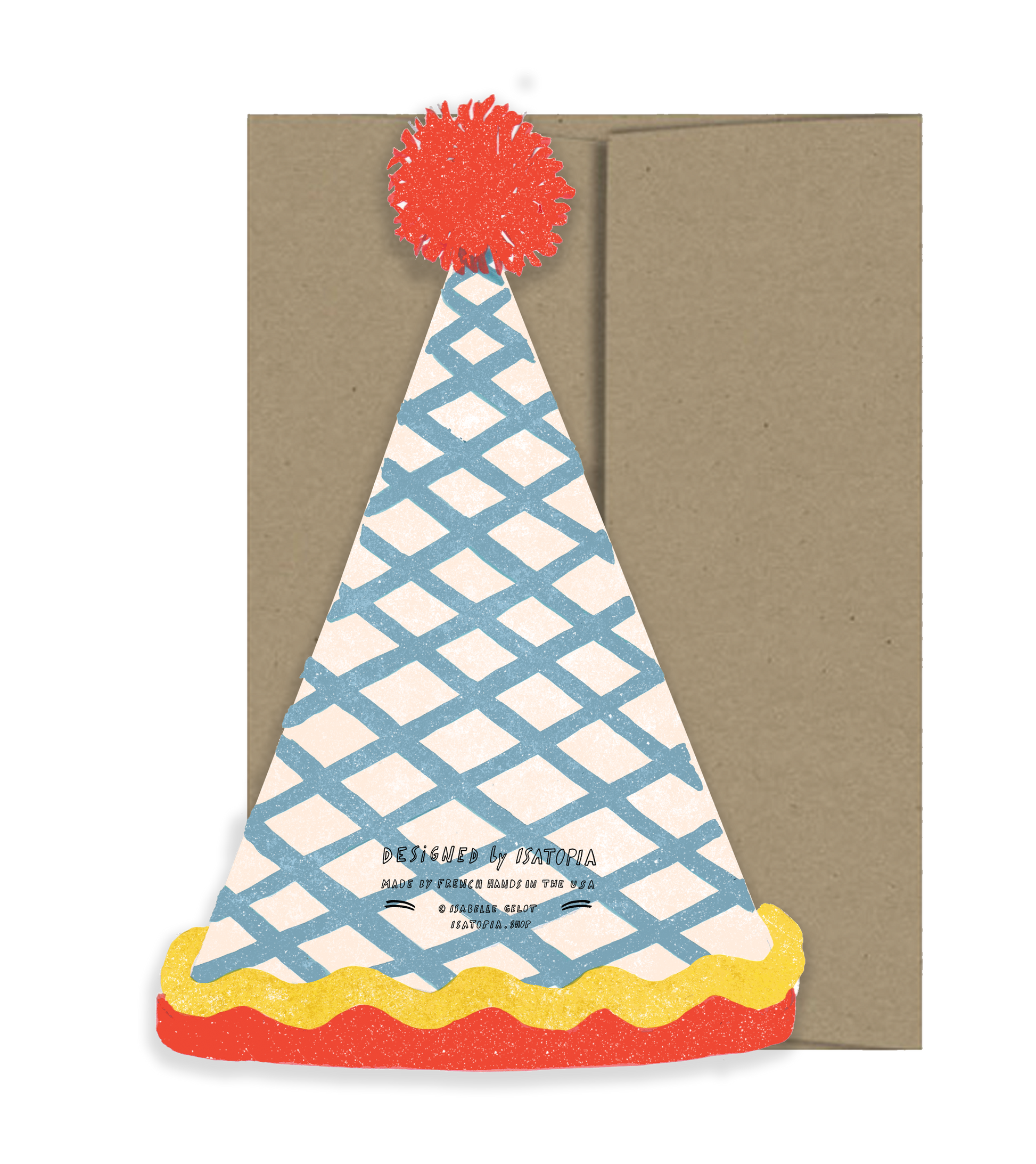Greeting card with a colorful party hat design on a brown background