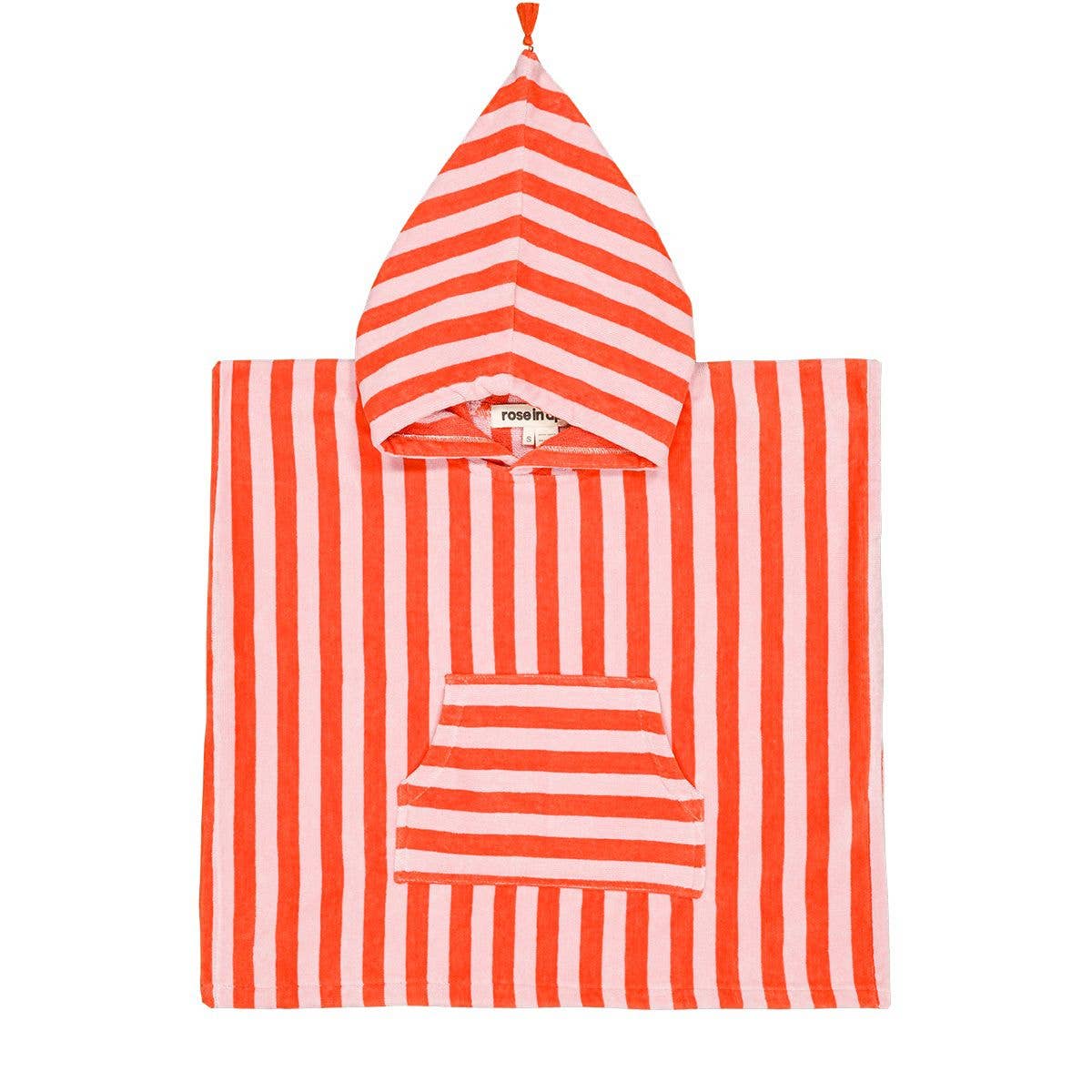 Red and pink striped hooded towel on a white background